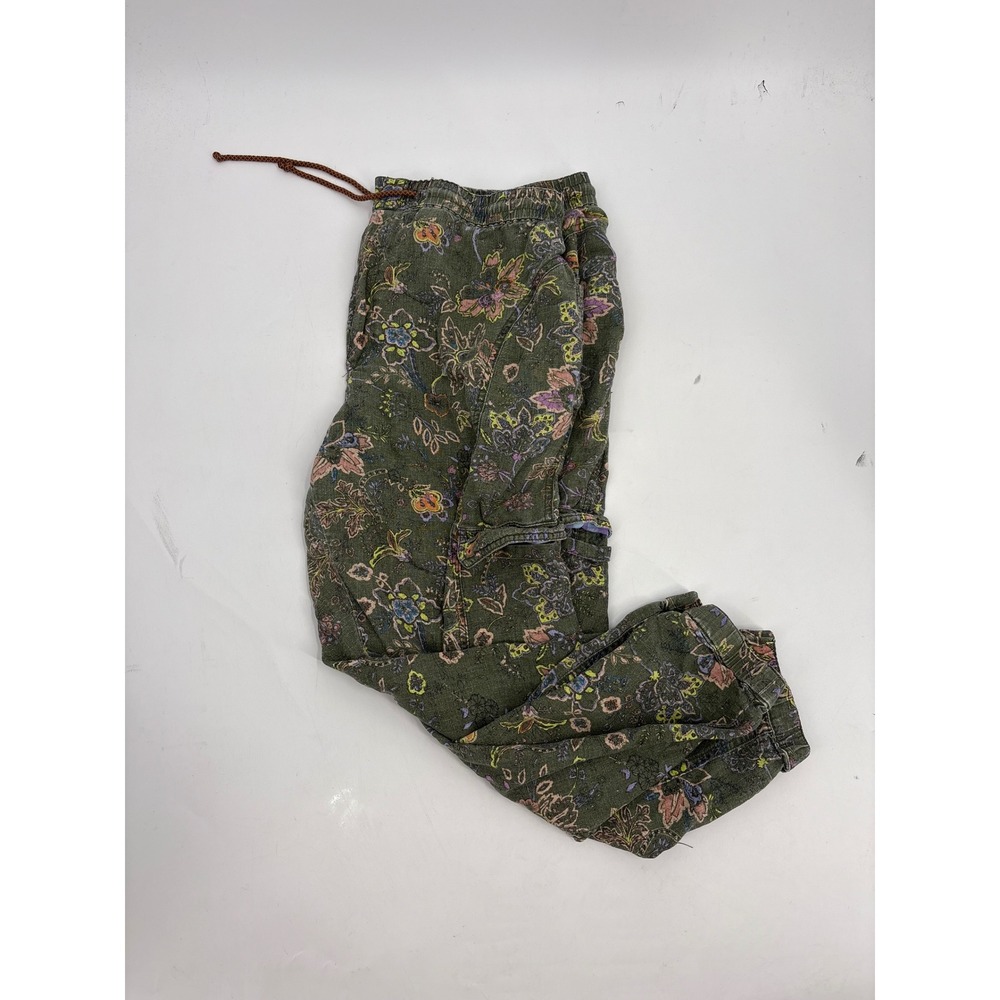 Anthropologie Floral Paisley Linen Blend Cargo Jogger Pants Olive Green XL